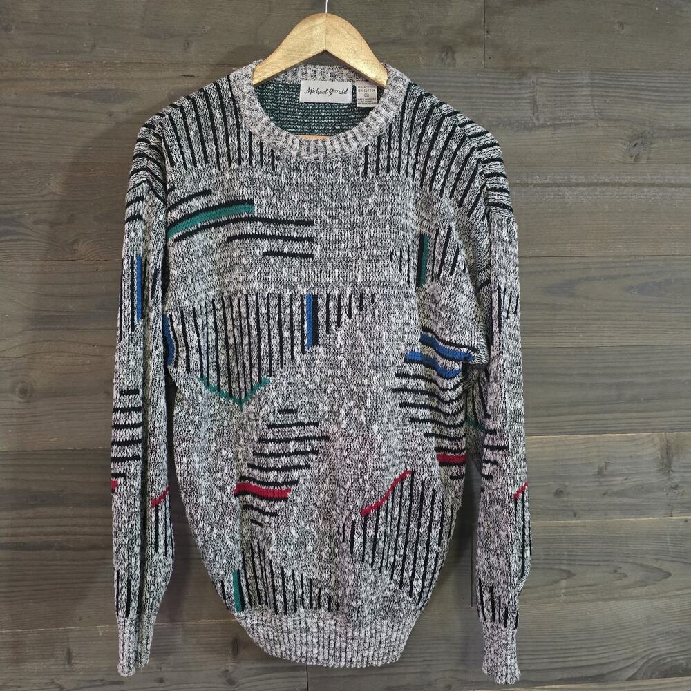 VTG Michael Gerald Sweater Men's XL Gray Geometric Pullover Knit Grandpa Y2K 80s